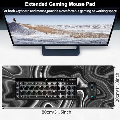 Black and White Marble Desk Mat,Large Marble Ink Texture Gaming Keyboard Mouse Pad,Non-Slip Rubber Base Desk Pad Thick Stitched Edges Waterproof Mousepad Mouse Mat 31.5"x11.8" - color: Black and White Marble