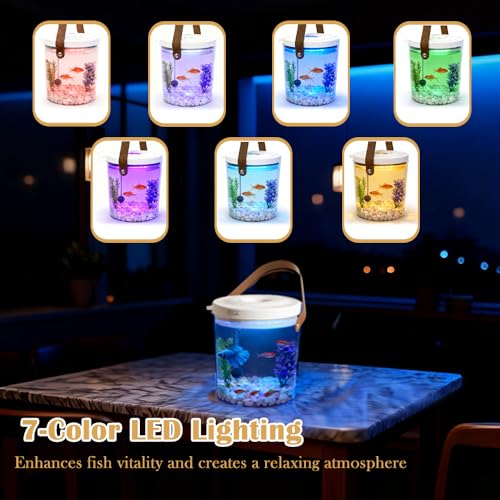 Rechargeable Portable Fish Tank with Lid, Small Plastic Desktop Aquarium Kit with 7 Color LED Light & Quiet Pump, Oxygen-Injected Fish Tank Kits, Travel Goldfish Tank Starter Kit