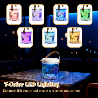 Rechargeable Portable Fish Tank with Lid, Small Plastic Desktop Aquarium Kit with 7 Color LED Light & Quiet Pump, Oxygen-Injected Fish Tank Kits, Travel Goldfish Tank Starter Kit