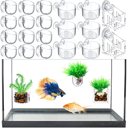 20 Pcs Aquarium Plant Holder with Hole Transparent Acrylic Suction Cup Aquarium Aquatic Planter Cups Fish Tank Aquascape Decoration, 3 Shapes