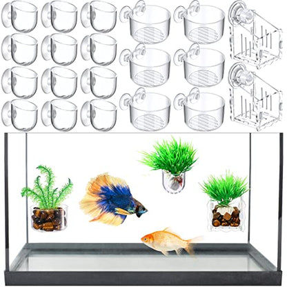 20 Pcs Aquarium Plant Holder with Hole Transparent Acrylic Suction Cup Aquarium Aquatic Planter Cups Fish Tank Aquascape Decoration, 3 Shapes