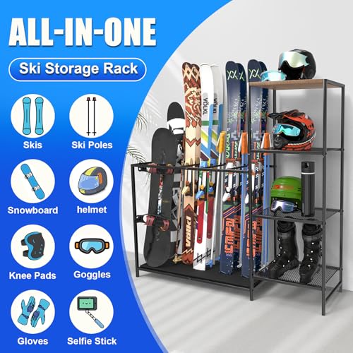 Freestanding Ski Rack, Ski Storage Rack w/Width-Adjustable Bars | Ski & Snowboard Rack Organizer for Garage, Home