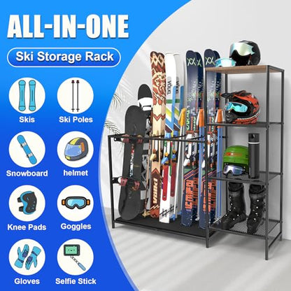 Freestanding Ski Rack, Ski Storage Rack w/Width-Adjustable Bars | Ski & Snowboard Rack Organizer for Garage, Home