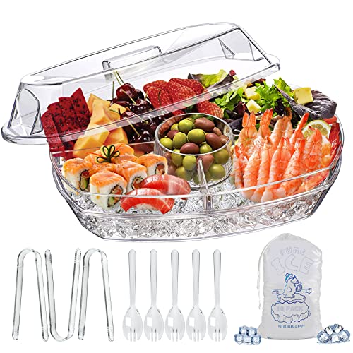 Chilled Serving Tray, 15" Clear Plastic Party Platter with 4 Compartments, Ice Serving Bowl with Lid, Shrimp Cocktail Serving Dish, Cold Food Buffet Server for Fruit, Veggie, Appetizer, Sushi - size: 15 Inch (Chilled Serving Tray）