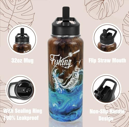 Fishing Water Bottle with Straws Fish Insulated Water Bottle Gifts for Men Dad Papa Husband Fisherman Fathers Day,Anniversary,Christmas,Birthday Travel Thermal Double Walled Vacuum Cup-32 oz - color: brown fishing