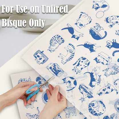 SUPERDANT 5 Pcs Cat Underglaze Transfer Pottery Decal Ceramic Cat Decal for Mugs Plates Blue - style: Cartoon Cat