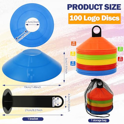 100Pcs Agility Disc Cones Set, 5 Colors Soccer Cones for Training Kids with Carry Bag and Stand, Slalom Cones for Basketball Football Running Drills Sports Games Skating