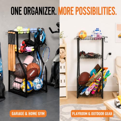 YueTong Garage Sports Organizer with Ball Rack, Bat Holder and 4 Hooks - color: Black – Fixed Feet