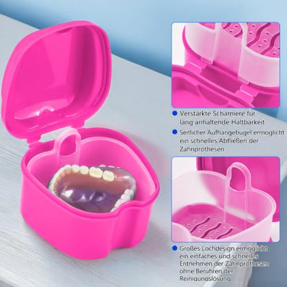 Denture Cup Retainer Cleaning Case False Teeth Soaking Container with 2 Brushes, Dental Retainer Cup Holder Case Denture Soaking Storage Box Case - White & Rose Red - color: White & Rose Red
