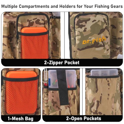 Dr.Fish 5 Gallon Bucket Tool Organizer - Adjustable Gear Bag with 6 Pockets and 2 Rod Holders for Ice Fishing Tackle Storage