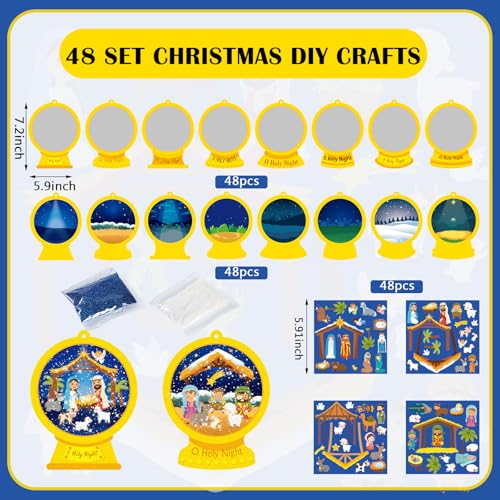 Frienda 48 Set Christmas Shaking Nativity Snow Globe Craft Kit Make a Jesus Birth Snowglobe Stickers Ornament Bulk with Glitter Sequins Papers for Xmas Tree Decor Religious Classroom Game Activities - style: Holy Night