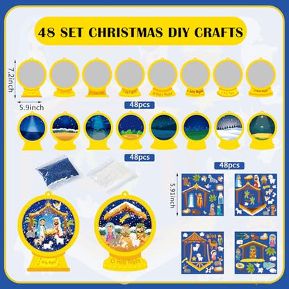 Frienda 48 Set Christmas Shaking Nativity Snow Globe Craft Kit Make a Jesus Birth Snowglobe Stickers Ornament Bulk with Glitter Sequins Papers for Xmas Tree Decor Religious Classroom Game Activities - style: Holy Night