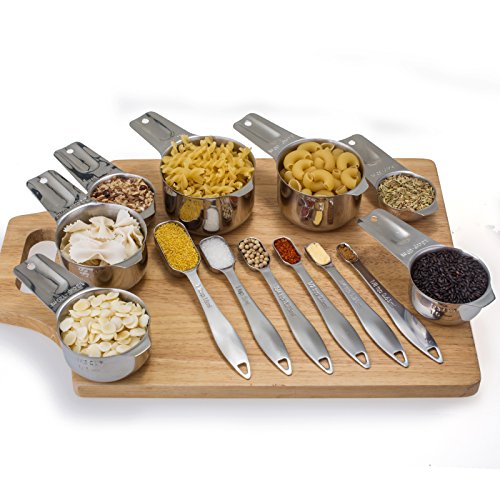 13-piece Measuring Cups and Spoons Set, 18/8 Stainless Steel Heavy Duty Ergonomic Handle with Ring Connector, Silver - color: Silver, size: 13 Piece
