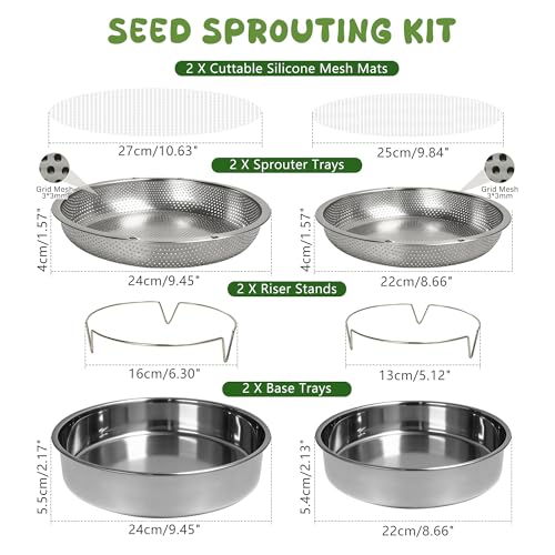 2 Pack 304 Stainless Steel Seed Sprouter Trays, 2-Tier Soil-Free Microgreens Growing Kit, Rust-Free Round Sprouting Tray with Mesh Pads for Sprouts Beans Alfalfa Wheatgrass