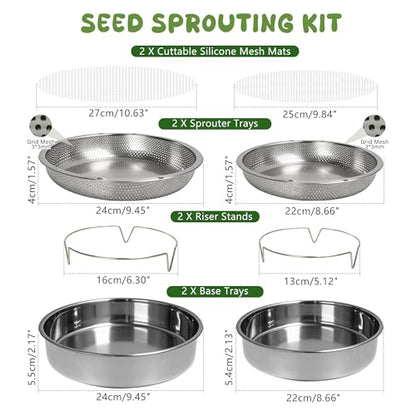 2 Pack 304 Stainless Steel Seed Sprouter Trays, 2-Tier Soil-Free Microgreens Growing Kit, Rust-Free Round Sprouting Tray with Mesh Pads for Sprouts Beans Alfalfa Wheatgrass