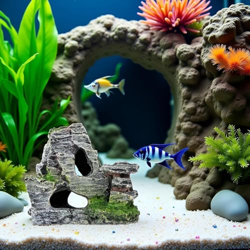Resin Aquarium Mountain Decor with Moss Rock Cave - Multi-Level Terrain for Fish Tank Landscaping, Natural-Looking Rockery Design with Hidden Cave and Crevices for Shrimp, Reptile Habitat