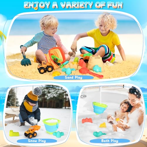 Beach Sand Toys for Kids, 29PCS Sandbox Toys with 2 Collapsible Bucket Sand, 2 Dump Truck, Dinosaur Molds, Castle Building Kit, Shovel Sieve,Flags,Mesh Bag Travel Beach Toys for Toddler 3-10
