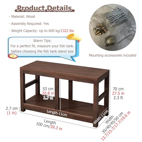 20 30 40 55 70 Gallon Long Aquarium Stand - Reptile Breeder Turtle Terrarium Stand Rack - 70cm Tall Aquarium Stand Furniture/Double Fish Tank Stand with Shelf（Brown-lxwxh-39.3x13.7x27.5）