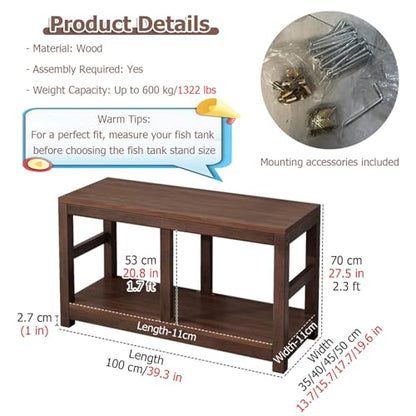 20 30 40 55 70 Gallon Long Aquarium Stand - Reptile Breeder Turtle Terrarium Stand Rack - 70cm Tall Aquarium Stand Furniture/Double Fish Tank Stand with Shelf（Brown-lxwxh-39.3x13.7x27.5）