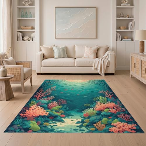 5'x7' Washable Beachy Fish Area Rug, Teal Non-Shedding Pet Friendly Carpet Easy Care Kids Safe Mat for Small Living Room, Playroom, Bedroom | Ref:2139107