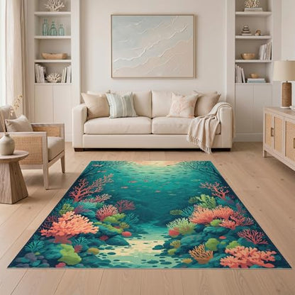 5'x7' Washable Beachy Fish Area Rug, Teal Non-Shedding Pet Friendly Carpet Easy Care Kids Safe Mat for Small Living Room, Playroom, Bedroom | Ref:2139107