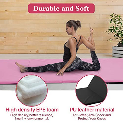Gymnastics Mat Exercise Mat Tumbling Mats for Home Gym, Folding Portable 4'x10'x2" Extra Thick Crash Panel Mat with Carrying Handles for Kids Adults - color: Pink