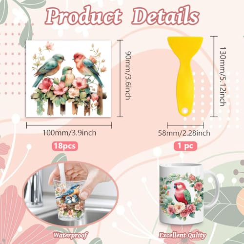 Peacoblue 18 Sheets Rub on Transfers for Crafts, Birds 3.6"x3.9" UV DTF Cup Wraps Waterproof Rub on Cold Transfers Stickers for Wood Glass Metal Cup Tumblers Mirrors Mugs Home Decor - style: Birds
