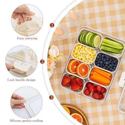Divided Snack Serving Tray with Lid and Handle Travel Snackle Charcuterie Container Portable Storage Organizer for Candy, Fruits, Nuts, Snacks, Party, Picnic 2 Packs White