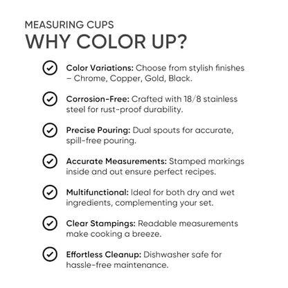 Color Up ⅓ Cup Measuring Cup (80 ml) – Premium Chrome Stainless Steel, Accurate for Wet & Dry Ingredients, Embossed Markings, Easy-Pour Spouts, Dishwasher-Safe, Kitchen Essential - size: 1/3 Cup (80 ml) Stainless