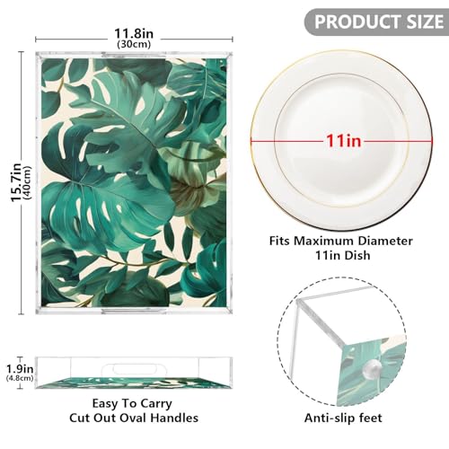 Acrylic Tray Clear Serving Vanity Ottoman Bathroom Coffee Table Countertop Organizer Raised Edge Spill Proof Green Retro Palm Leaves - color: Green Retro Palm Leaves