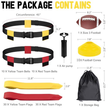 BORNEW Flag Football Set - 14/20 Player Adjustable Belts with Cones, Football, Pump, Bag, for Youth and Adults Training - color: 1.red Yellow With Black Pump, style: 20 Player Kit