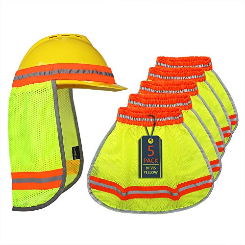 Evridwear High Visibility Neck Sun Shield Safety Hard Hat Shade | 5 Pack,Reflective Stripe,Breathable Mesh Elastic Band,UV Protection for Construction, Outdoor Activities, Landscaping - color: Yellow, size: 5 Pack