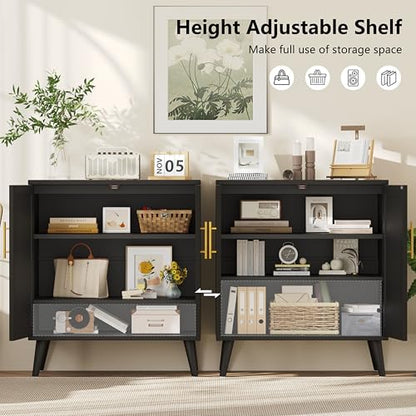 15.7" D Black Buffet Cabinet with Storage, Accent Buffet Sideboard with Adjustable Shelf and Solid Wood Legs, Modern Floor Storage Cabinet for Kitchen, Living Room, Black