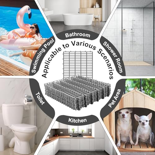 30 Pcs Anti-Slip Drainage Tiles Interlocking Shower Floor Mats 12" x 12" Soft TPE Bathroom Splicing Mats with Drain Holes for Pool, Deck, Garage & Pet Areas(Gray) - color: Grey