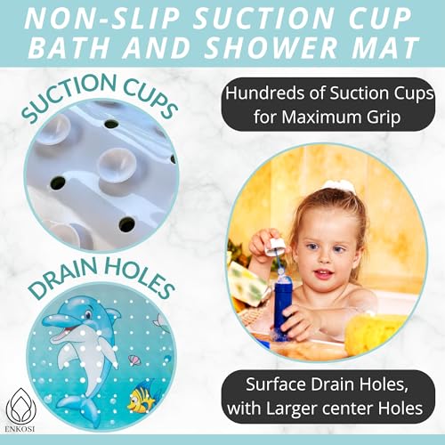Bath Mat Long 40x16 – Non-Slip Bathtub Mat with Secure Suction Cups & Drain Holes with Fun Dolphin Design - Bathroom Shower Mat for Tub for Kids and Toddlers (Bath Dolphin) - color: Dolphin Print