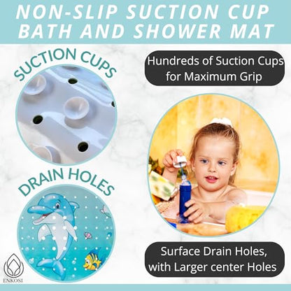 Bath Mat Long 40x16 – Non-Slip Bathtub Mat with Secure Suction Cups & Drain Holes with Fun Dolphin Design - Bathroom Shower Mat for Tub for Kids and Toddlers (Bath Dolphin) - color: Dolphin Print