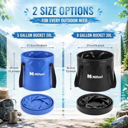 2 Pcs Collapsible Bucket 5 Gallon and 8 Gallon with Handle Portable Foldable Bucket for Camping Fishing Sturdy Leakproof Collapsible Cleaning Buckets for Car Wash RV Outdoor (Black,Dark Blue)