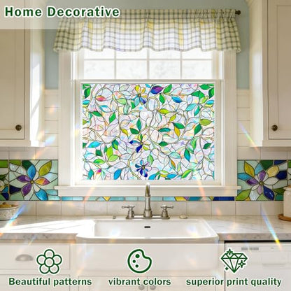 Stained Glass Window Film, Rainbow Privacy, One Way Decorative Tint, Static Cling, Renter Friendly for Home Bathroom Door