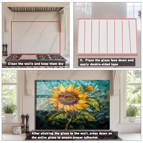Evgosm Tempered Glass Backsplash for Kitchen， Stove Splashback, sunflower Glass Backsplash, Used for Kitchen Wall Protection and Decoration, Easy to Install and Clean. (30x20'') - size: 30"L x 20"W, style: sunflower