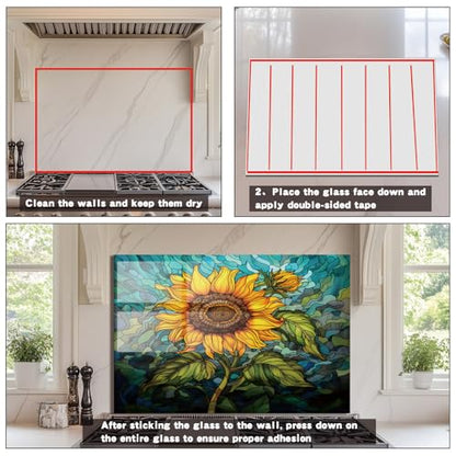Evgosm Tempered Glass Backsplash for Kitchen， Stove Splashback, sunflower Glass Backsplash, Used for Kitchen Wall Protection and Decoration, Easy to Install and Clean. (30x20'') - size: 30"L x 20"W, style: sunflower