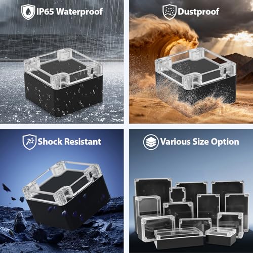 Junction Box with Clear Cover IP65 Waterproof Project Box Dustproof ABS Plastic Electrical Project Boxes Universal Enclosure, Black 3.2"x 3.1"x 2.2"(83x81x56mm)(Pack of 2)