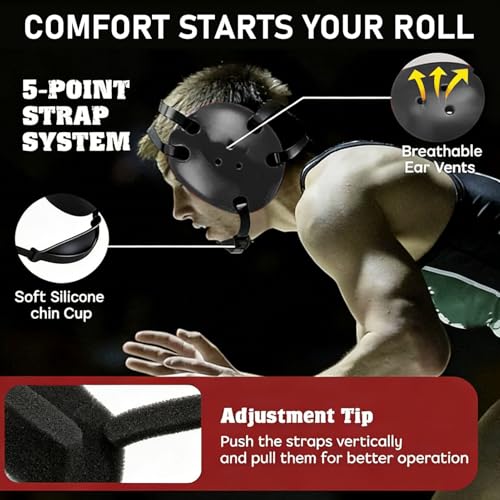 Wrestling Headgear Grappling Ear Guard MMA Ear Protector with 11-Hole Breathable Design and Soft Chin Pad for Adult Men Women Black