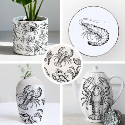 SUPERDANT 4PCS Ocean Shellfish Underglaze Paper Transfer Lobster Crab Transfer Papers for Clay Ceramic Porcelain Under Glaze Transfers for Pottery Enamel Decals Black Underglaze Handcrafted Gifts