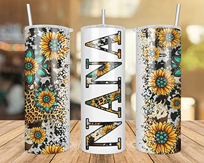 Nana Sunflower Turquoise Gemstone And Leopard - Nana Skinny Tumbler Cowhide Distressed Tumbler - Western Tumbler 20Oz Skinny Tumbler - Nana Gift