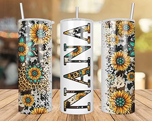 Nana Sunflower Turquoise Gemstone And Leopard - Nana Skinny Tumbler Cowhide Distressed Tumbler - Western Tumbler 20Oz Skinny Tumbler - Nana Gift