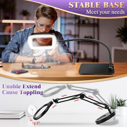 10X 30X Large Magnifying Glass with Light and Stand, 5-inch Lighted Magnifier, 72 LED 3 Color Modes Stepless Dimmable, Hands-Free Magnifying Glass Desk Lamp for Reading Craft Hobby Close Work