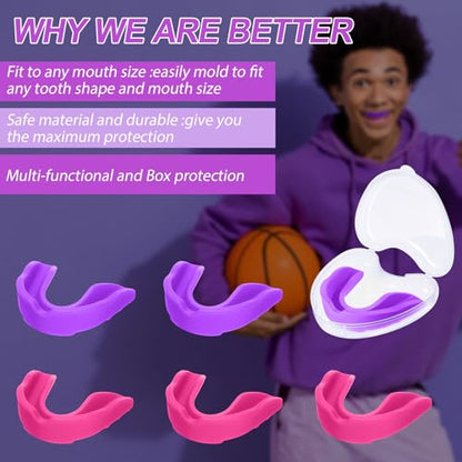 BBTO 6 Pack Kids Youth Mouth Guard for Football Sports, Boys Girls Mouthguard with Case, Soft Mouth Guard for Hockey Boxing Basketball, Ages 4+ - color: Rose Red,purple