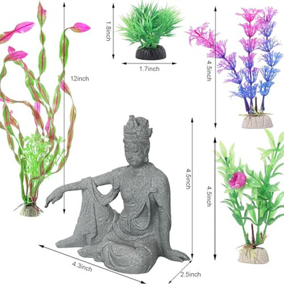 Fish Tank Buddha Statue Ornament,Zen Garden Aquarium Decor Kit with Artificial Plants,Meditating Statues for Underwater Landscaping,Sandstone-4.5" H