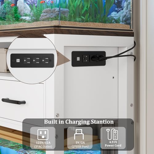20-29 Gallon Aquarium Stand with Stable Metal Frame & Power Outlet, Heavy-Duty Fish Tank Stand with Waterproof Mat, 550LBS Capacity Storage Cabinet, White+Brown