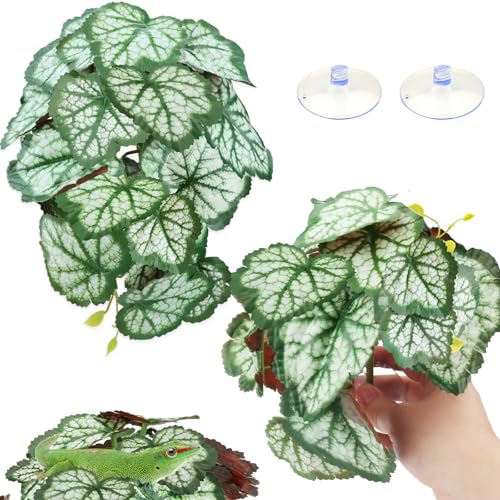 2 Pack Reptile Plants for Terrarium, Artificial Leaves Habitat Decorations with Suction Cups, Terrarium Hanging Plants Vines for Bearded Dragons Lizards Snake Geckos Frogs - Green - color: Green